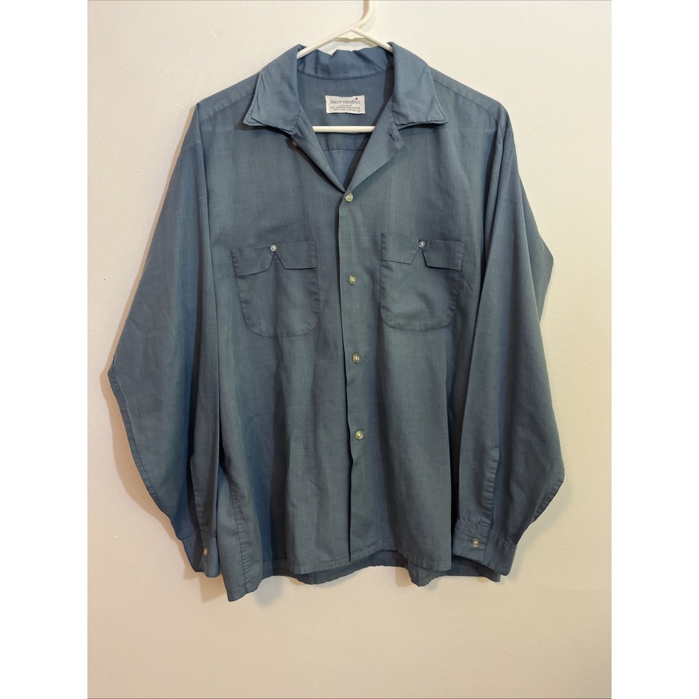 Vintage Men's L Button Up‎ Shirt Dacromatic Blue Collar Cool Pockets Western
